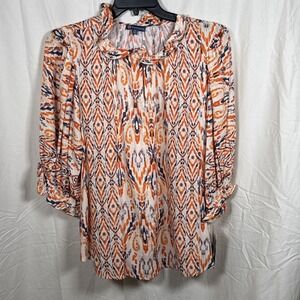 Democracy Womans 2X Ikrat Print Peasant Blouse Ruffle Neck 3/4 Rushed Sleeves